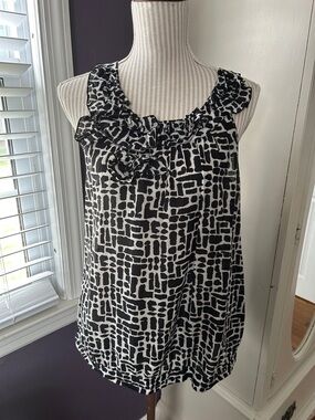 LOFT Black & White Ruffle Neck Top M
